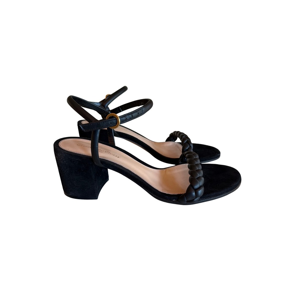 Gianvito Rossi Sandals Black Suede Braided Leather Block Heel Ankle Strap 40 - Picture 3 of 6